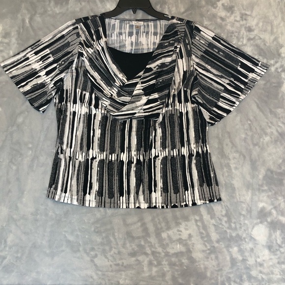 Worthington Tops - Worthington Short Sleeve Blouse with Cowl Neck Black/White/Grey 1X